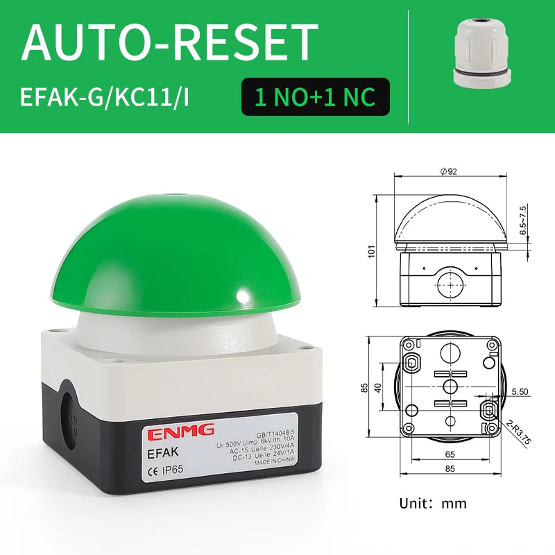 IP65 Waterproof ENMG Emergency Stop Button Switch Mushroom Head Self-Locking/Resetting 1NO Foot/Hand Control for Industrial Safe
