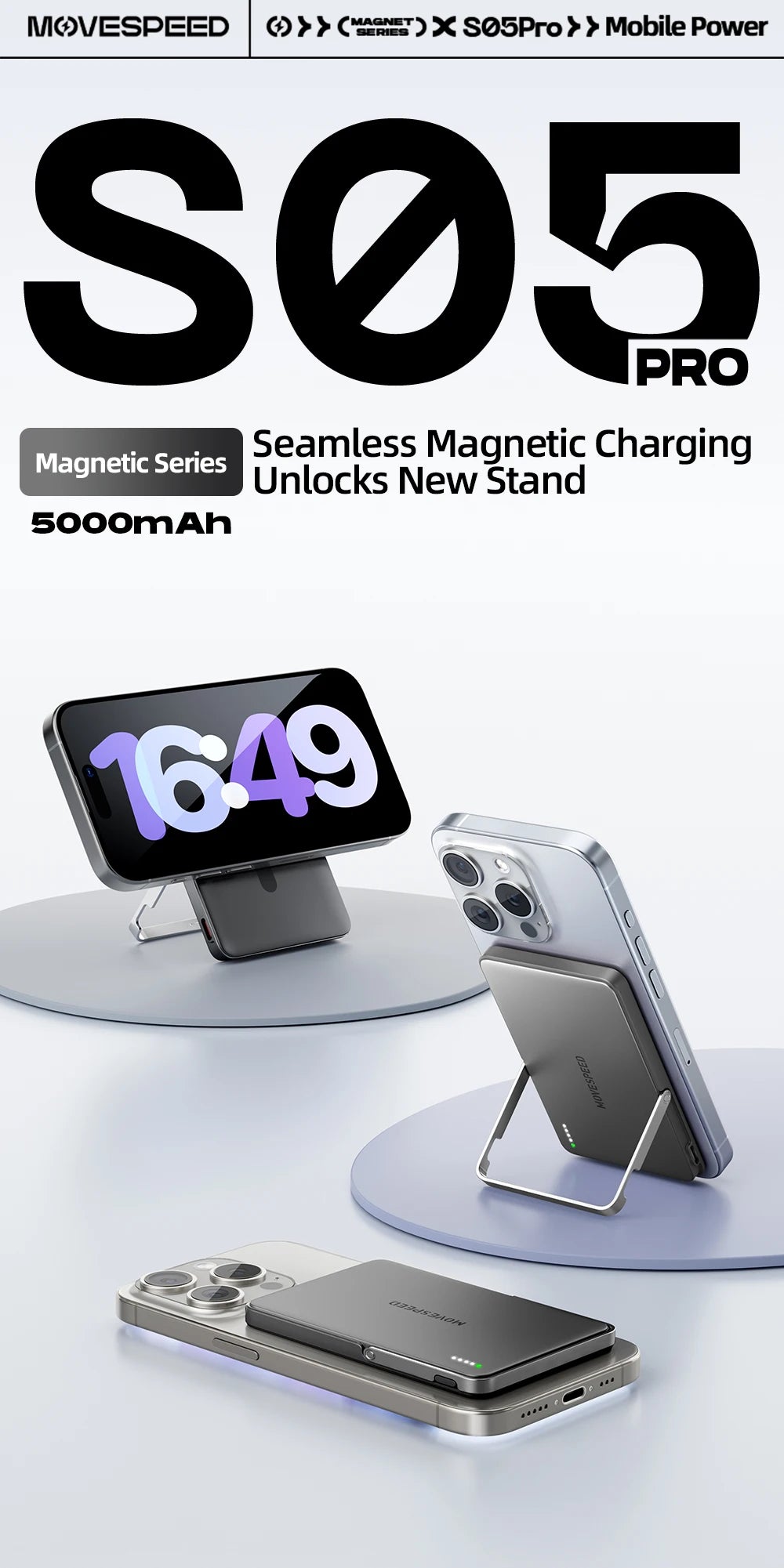 MOVESPEED S05Pro Magnetic Power Bank 5000mAh Wireless External Battery with Stand for MagSafe Powerbank for iPhone 16 15 Samsung