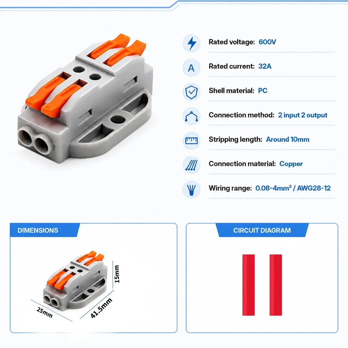 2P-30P Lever Electrical Wire Connector Terminal Block Electrical Cable Connectors Wire Terminals 1 In 1 Out Screw Mount 600V 32A