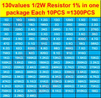 1300PCS 1% Metal Film Resistors 130 Values x 10Pcs 1/2W 0.5W Assorted Pack Kit Set Lot Resistors Assortment Kits Box