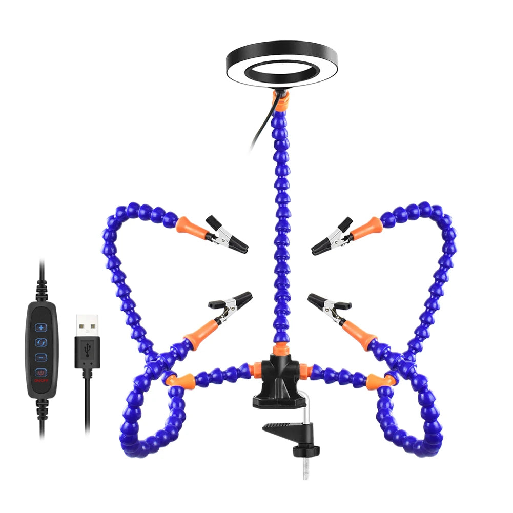 5Arm Welding Repair Tool Soldering Station with 3X Magnifier LED Light Bench Vise Table Clamp Clip PCB Holder Third Helping Hand