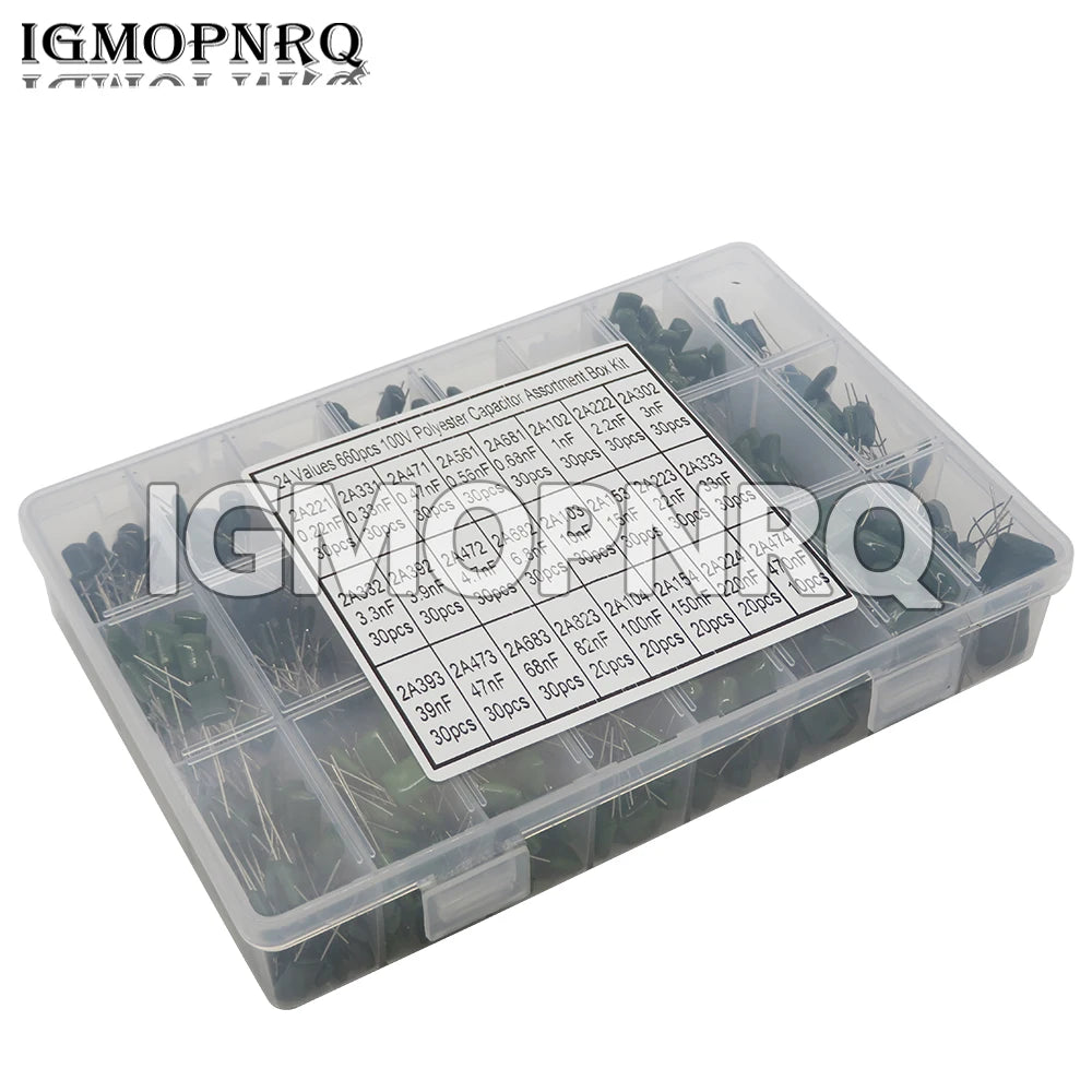660PCS/lot 24Value Capacitor Kit 100V 2A221J To 2A474J Polyester Film Capacitor Assorted Kit 0.47nF 0.68nF 1nF 2.2nF Capacitors