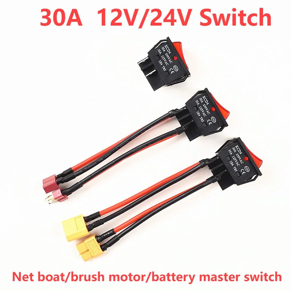 30A 32A 50A 12V 24V Battery Main Switch Large Current On-off with XT60/T Plug 14AWG Wire for RC Tug/Bait Boat 550 775 Motor