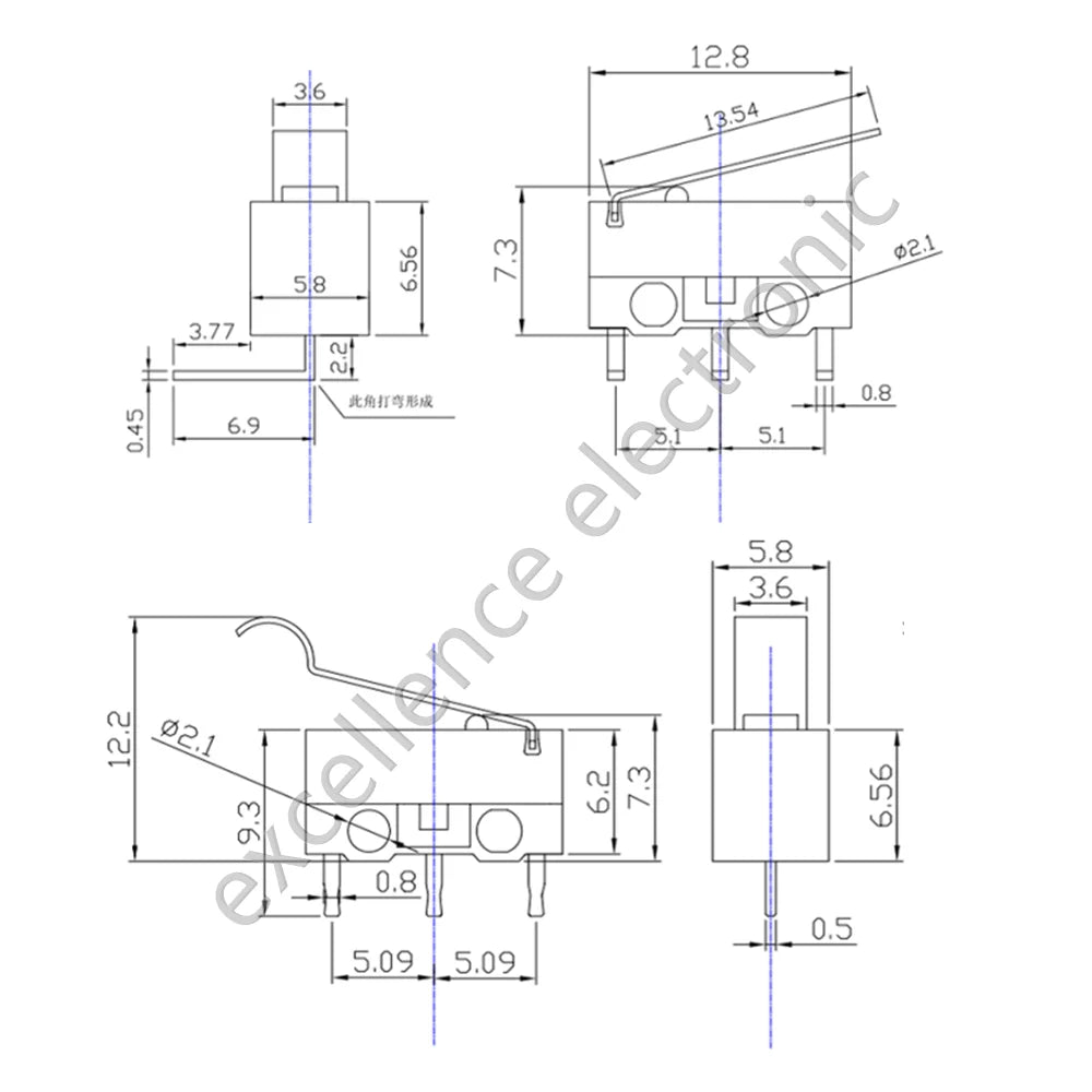 40Pcs/Box 3Pins Mini Limit Microswitch Car Switch with Scroll Wheel Microswitch Curved Foot Arc Handle Mouse Switches