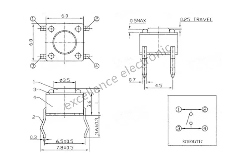 20PCS 6X6 Tact Switch 6*6*4.3/5/6/7/8/9/10mm Pins 2/4 Feet Horizontal Bracket Push Button Switch DIP PCB Micro Key Switch