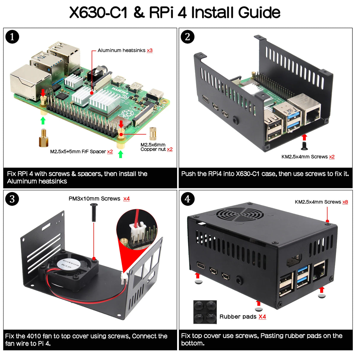 Geekbord Raspberry Pi 4 Case|X630-C1 Metal Case with Fan for Raspberry Pi 4 & X630 Hdmi-to CSI-2 Module & X1300-A2 Audio Adapter