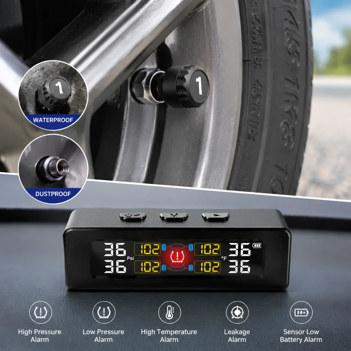 TPMS Tire Pressure Monitoring System Car Safety Alarm System Wireless Solar&USB Powered 4 Sensors with Color Digital Display