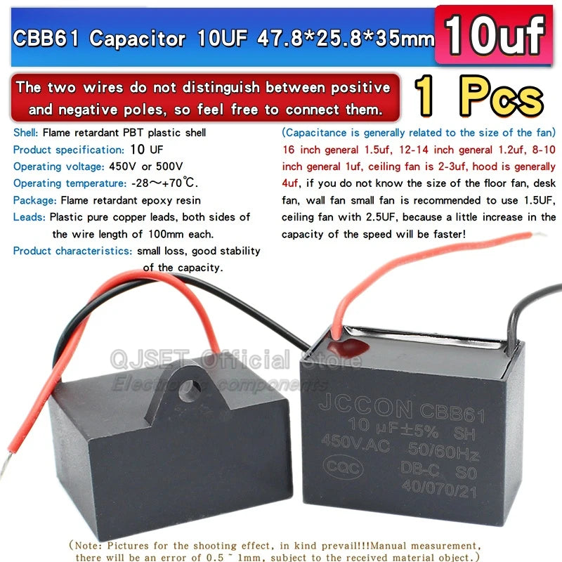 1pcs CBB61 Fan Starting Capacitor 450V 0.8/1/1.2/1.5/2/2.5/3/3.5/4/4.5/5/6/7/8/10/12/15/18/20UF Ceiling Fan Hood Motor Capacitor
