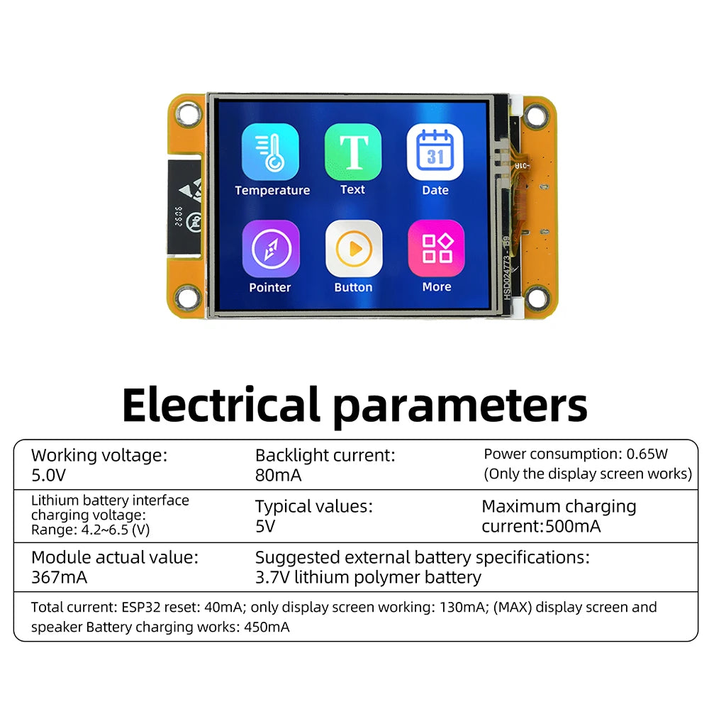ESP32 2.4-Inch Capacitive Touch Display Wifi Bluetooth Development Board 240 x 320 Resolution Development Board CH340 Type C