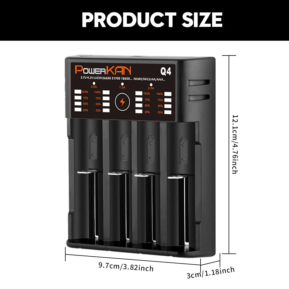 POWERKAN Q4 4-Bay Charger for 1.2V Ni-MH AA AAA & 3.7V Li-ion 18650 26650 Batteries with USB Output