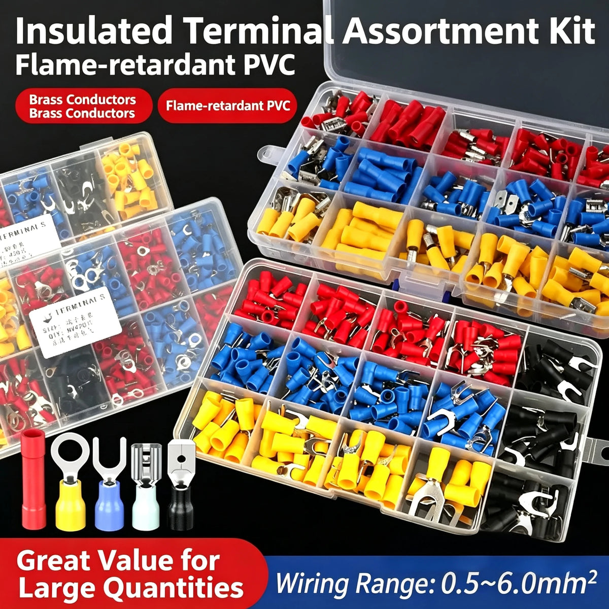 Automotive Insulated Crimp Terminals Kit, Male Female Spade Ring Fork Butt Lugs, Assorted Electrical Wire Connector Set for Car