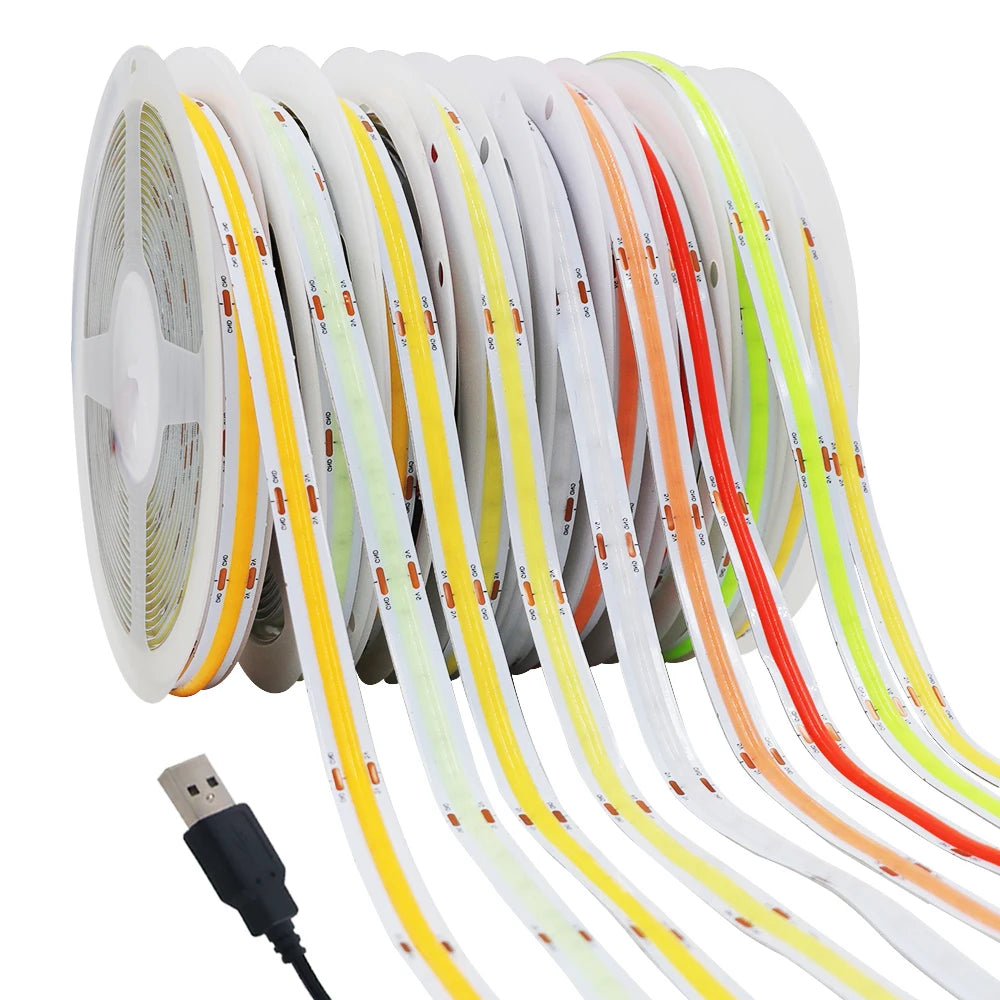 DC 5V USB COB Strip Width 8MM Flexible LED Strip Cabinet Light Lamp Home Decor TV Backlight Pink/Red/White/Ice Blue/Yellow/Green