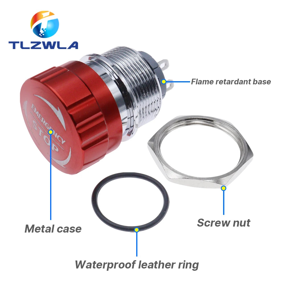 16/19/22mm Metal Emergency Stop Button Switch Stainless Steel Anti-slip Waterproof Mushroom Head Rotation Reset PTEN ﻿
