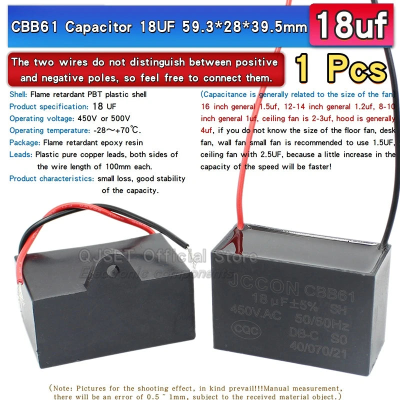 1pcs CBB61 Fan Starting Capacitor 450V 0.8/1/1.2/1.5/2/2.5/3/3.5/4/4.5/5/6/7/8/10/12/15/18/20UF Ceiling Fan Hood Motor Capacitor