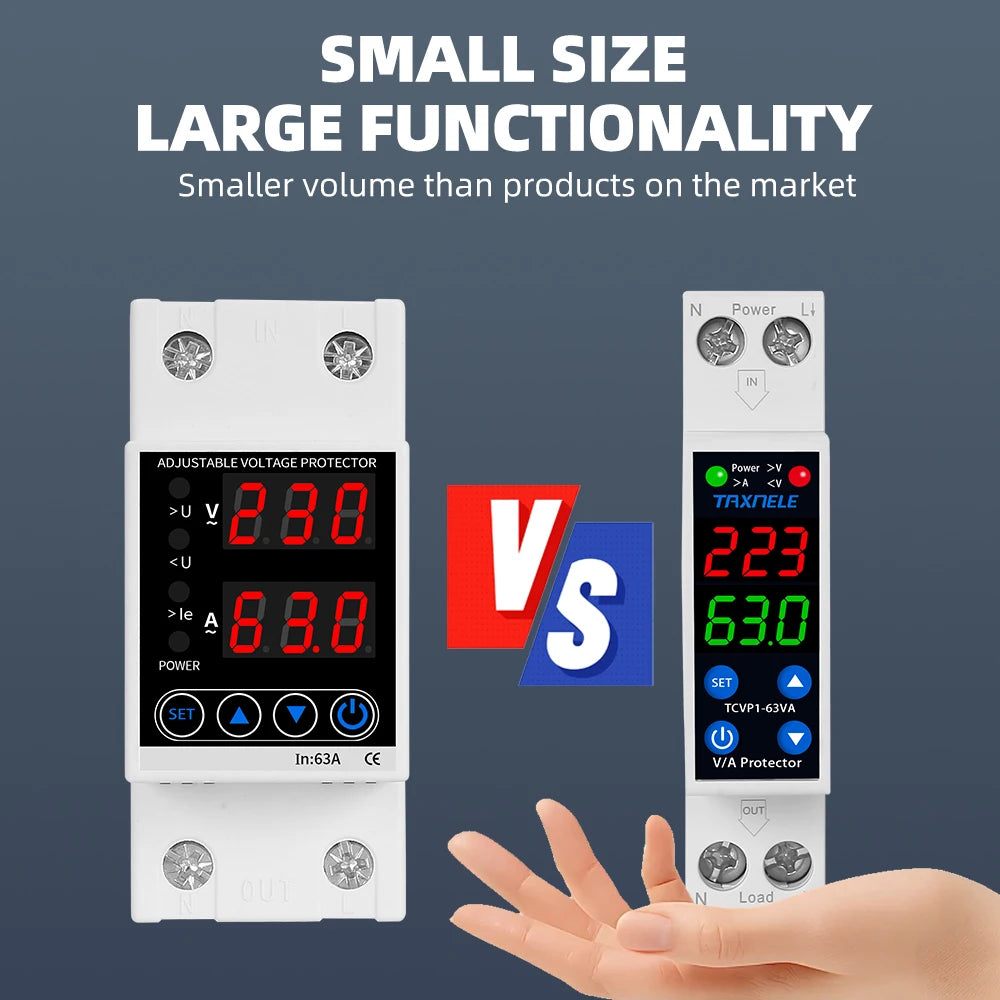18MM 1P+N 63A 230V Dual Display Adjustable Digital Over Under Voltage Relay Surge Protector Limit Over Current Protection