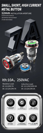 LANBOO 12E 7A High Current 4 Pin Switch Waterproof IP65 Latching or Momentary Micro Metal Push Button Switch with LED 24V220V