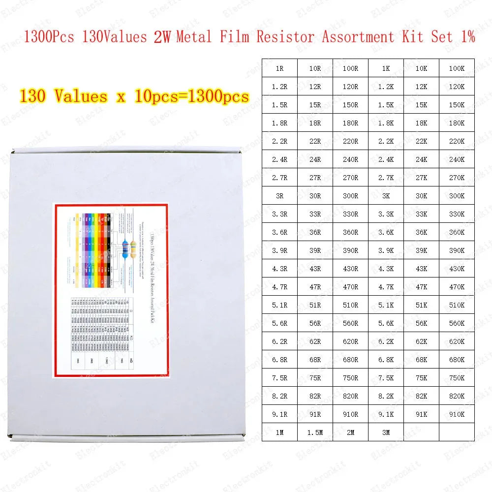 1/8W 1/4W 1/2W 1W 2W 3W 5W Metal Film Resistors Assortment Kit Set 1% 5 Color ring resistor pack