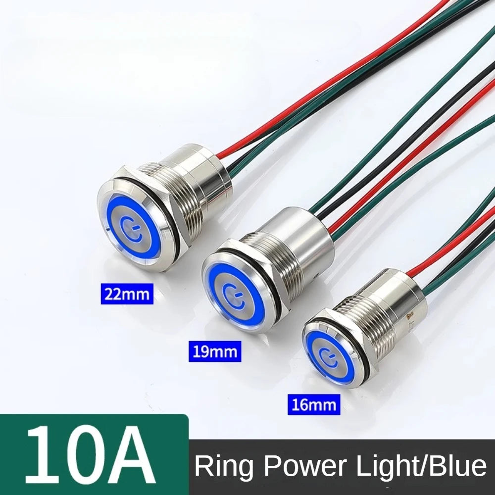 16/19/22mm IP67 Waterproof Metal Push Button Switch 10A High Current LED Light Momentary Latching Outdoor Power Switch Red Green