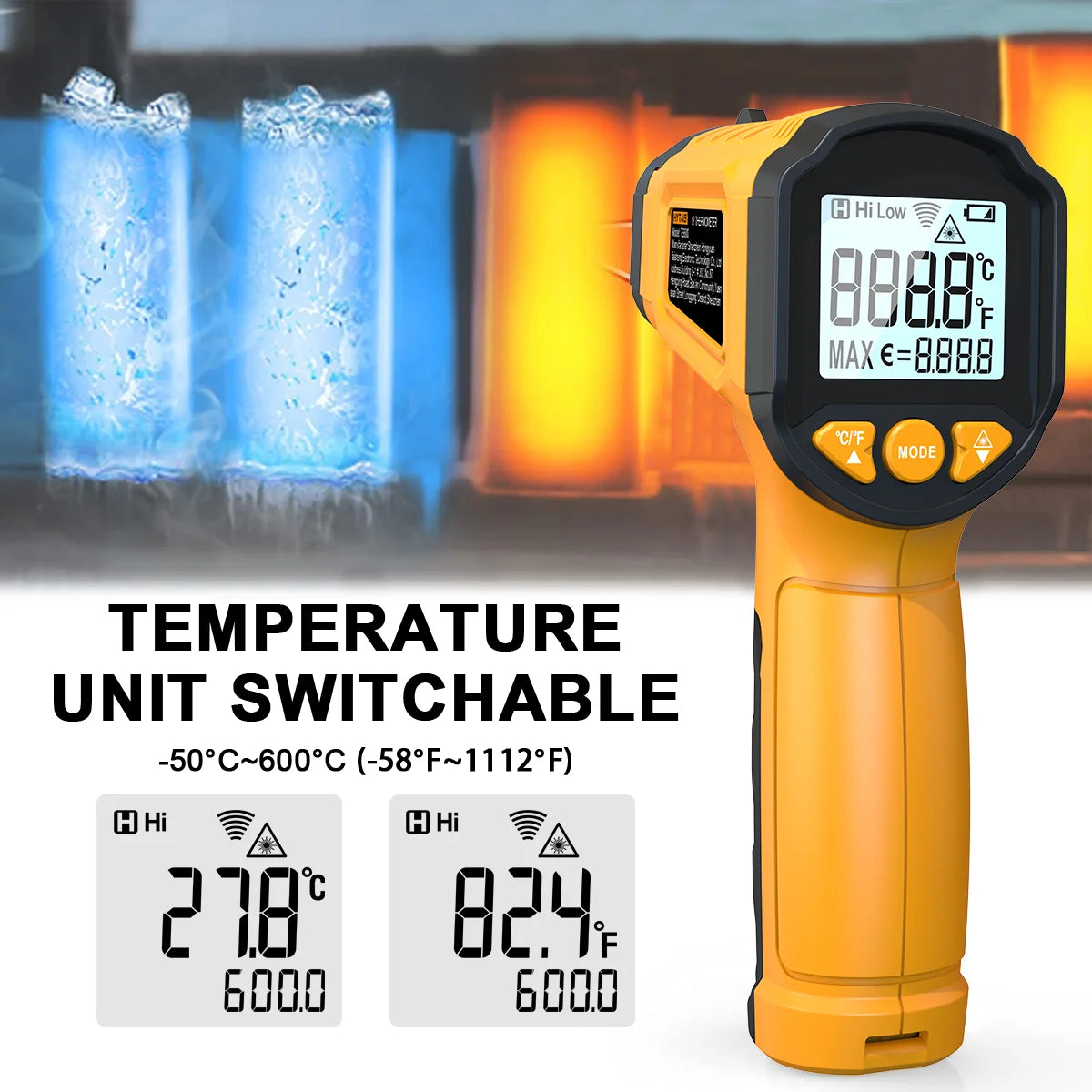 TS600 Infrared Thermometer Digital Temperature Gun Laser Non-contact Temp Reader IR Temperature Sensor Adjustable Emissivity