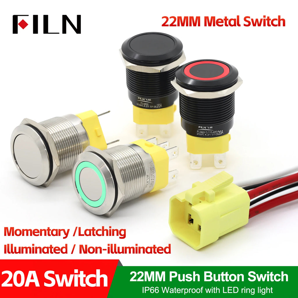 FILN 22mm 20A Stainless Steel Push Button Switch Waterproof IP66 High Current 12V/24V/110V/220V Auto Marine Industrial Control