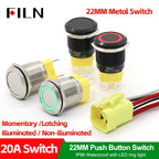FILN 22mm 20A Stainless Steel Push Button Switch Waterproof IP66 High Current 12V/24V/110V/220V Auto Marine Industrial Control