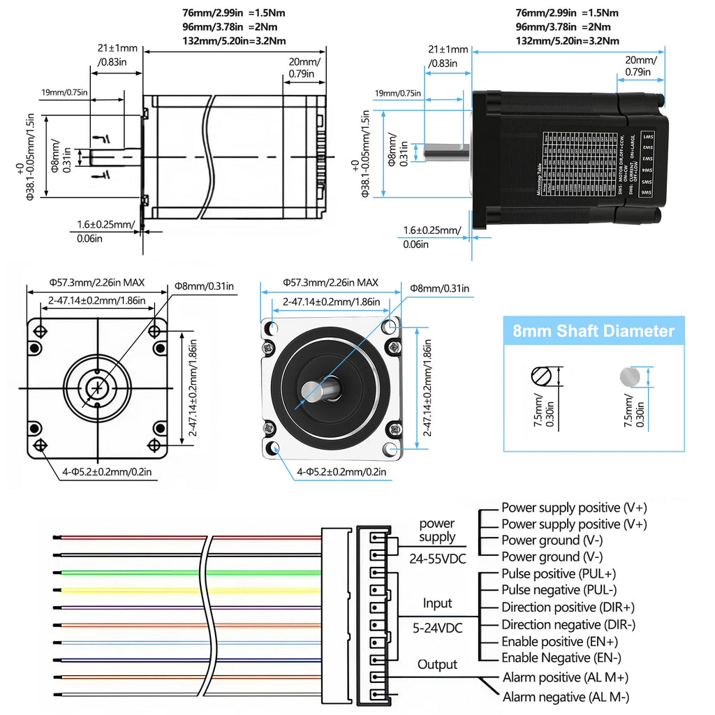 Nema23 57mm Closed Loop Integrated Motor Driver Kit All-in-one 1.5Nm/2Nm/3.2Nm 8mm Hybrid Servo Motor Drive With Encoder For CNC