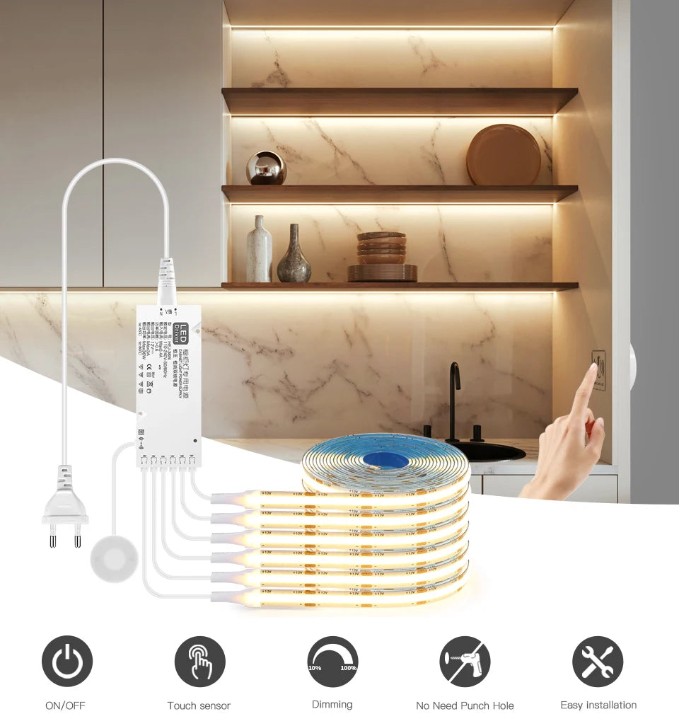Smart Penetrable Wood COB LED Strip Touch Sensor Light 320Leds/m Warm/Neutral White Parallel Lights Kitchen Backlight Lighting