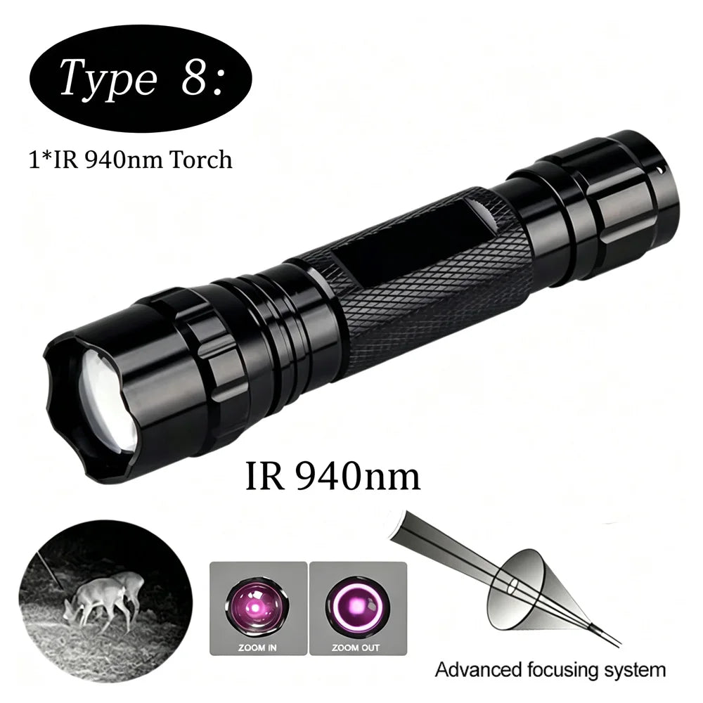Infrared Night Vision Flashlight Zoomable LED IR-940nm Torch used with Night Vision Device 18650 Battery+Charge+Remote Switch