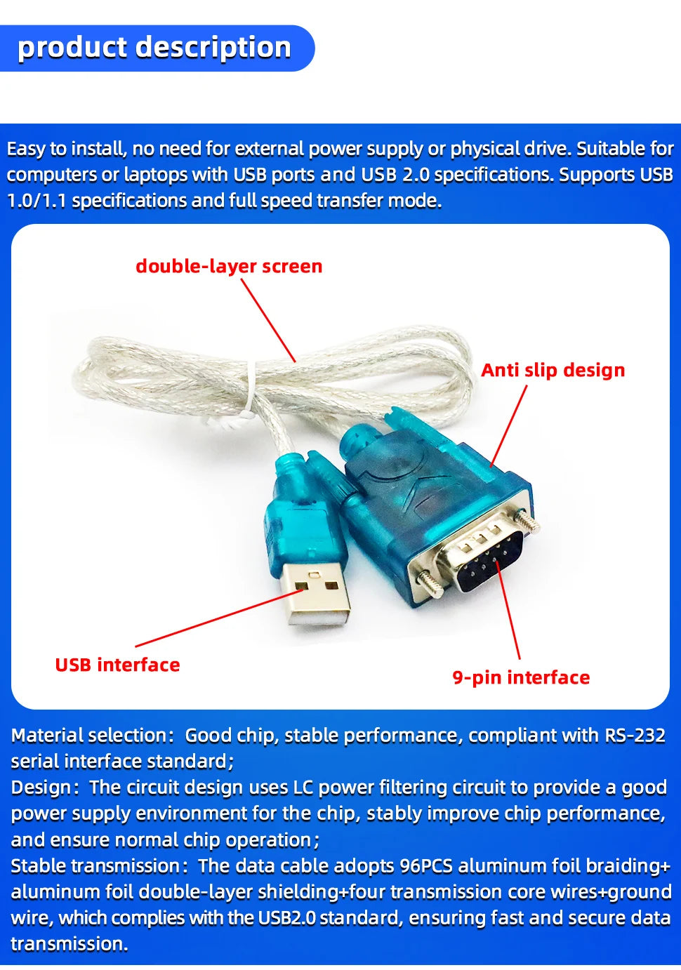 1PCS USB to Serial Port 9-Pin Data Cable HL-340 Chip to RS232 Converter Male Female USB2.0 to DB9 Interface Conversion Cable