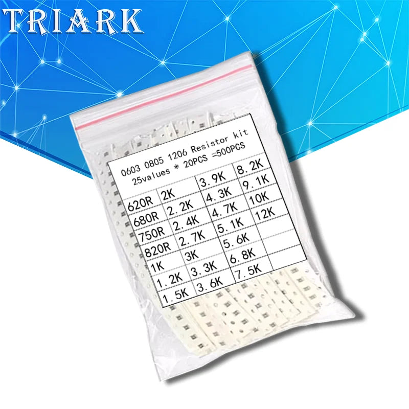 500pcs 25values 0603 0805 1206 SMD Chip Resistor Kit 620R~12K 680R 820R 1K 2K 3K 3K3 5.1K 6.8K 7.5K 8.2K 9.1K 10Kohm sample pack