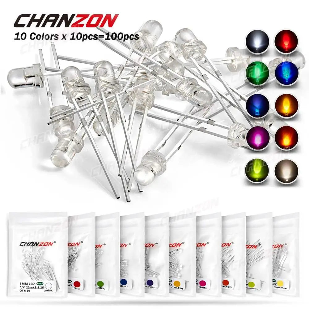 3mm LED Diode Kit Light Emitting Warm White Red Blue Green UV Orange Yellow Pink Color Bulb Lamp Set 2V 3V PCB Assortment