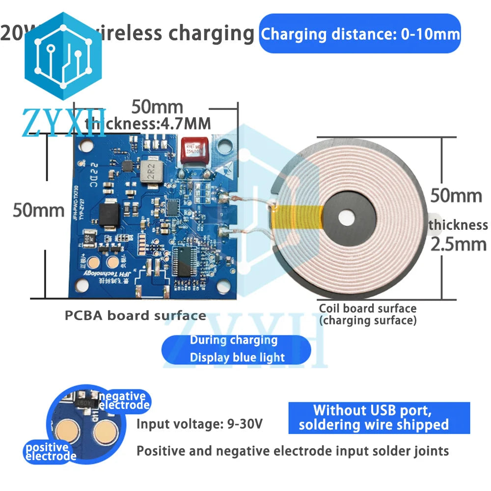 20W 22W Car Wireless Charging Mobile Phone Wireless Charger Module with Three Coil Transmission End 24V 12V Wide Voltage