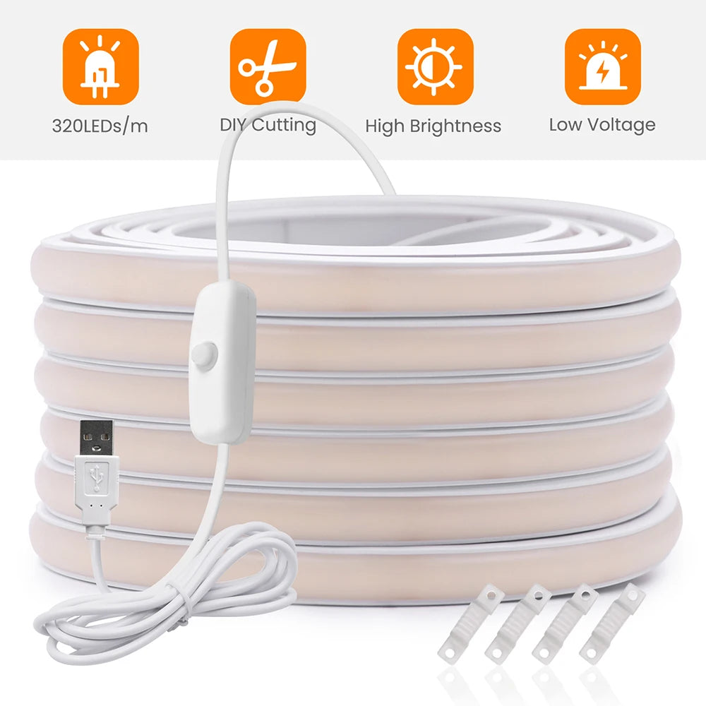 IP68 Waterproof Flexible Neon Rope Light USB COB LED Strip 5V ON OFF Switch 320 LEDs/m Natural Warm White 0.5m 1m 2m 3m 4mm 5m