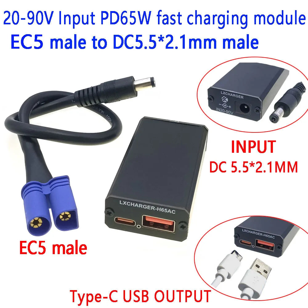 XT60 XT90 EC5 To 5V Connector DC20-90V Step Down Module PD65W PD/QC3.0 QC2.0 Double USB Type-C Mobile Phone Quick Charge Adapter