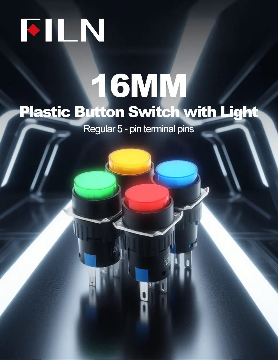 FILN 16mm 5-Unit LED Push Button Switch Momentary Latching Plastic Button 5pins Red Green Blue 12V 24V 220V Industrial Equipment