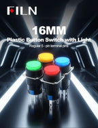FILN 16mm 5-Unit LED Push Button Switch Momentary Latching Plastic Button 5pins Red Green Blue 12V 24V 220V Industrial Equipment