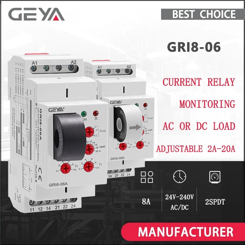 GEYA GRI8-06 DC Current Sensor Relay 18mm Width 2CO 8A AC/DC Current Testing Relay 24V-240V Wide Range