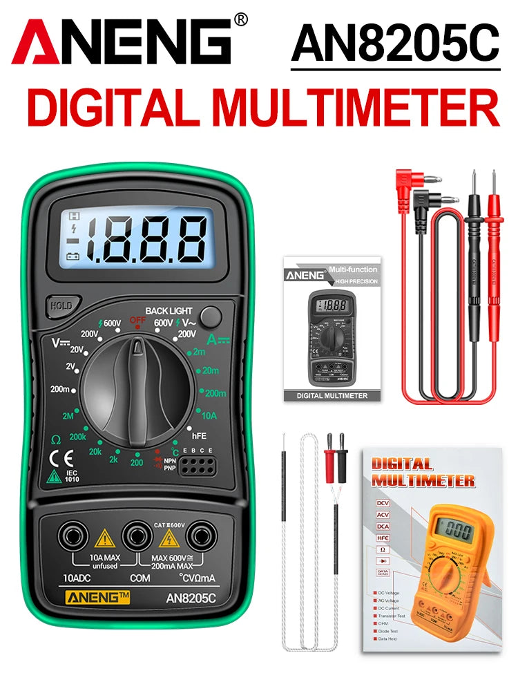 Digital Multimeter 1999 Counts 600V AC/DC Voltage Temp Test for Car Repair ANENG AN8205C Blue Backlight hFE Triode DIY Test Tool