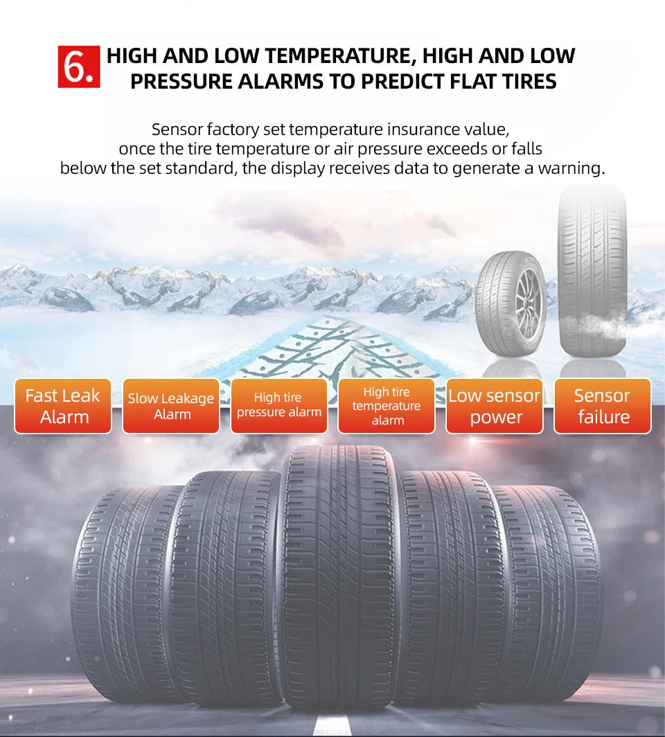 E-ACE 4 Sensors TPMS Removable Battery Wireless Intelligent Sensing Tire Pressure Monitor System Safety Alarm LCD Display
