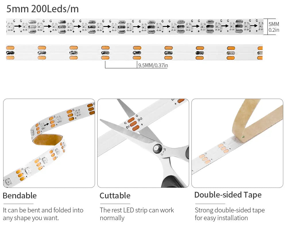 5mm Ultra-Narrow 2020SMD WS2812B RGBIC LED Strip Light WS2812 60/100/120/160/200Leds/m Individually Addressable IC Tape DC5V