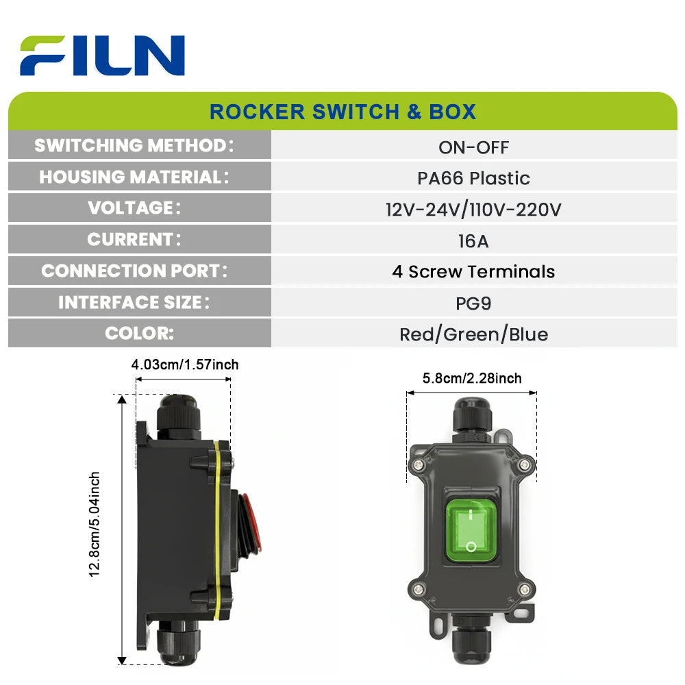FILN Waterproof Rocker Switch Box 16A 12V 24V 110V 220V KCD4 ON-OFF Inline Toggle Switch with LED Indicator Light PA66 Enclosure