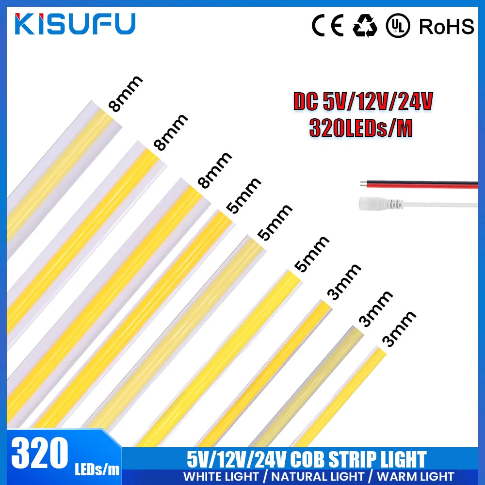 DC 5V/12V/24V COB LED Strip 3MM 5MM 8MM 320Leds/M High Density Flexible COB LED Tape Light For Cabinet Home Linear Lighting