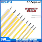 DC 5V/12V/24V COB LED Strip 3MM 5MM 8MM 320Leds/M High Density Flexible COB LED Tape Light For Cabinet Home Linear Lighting