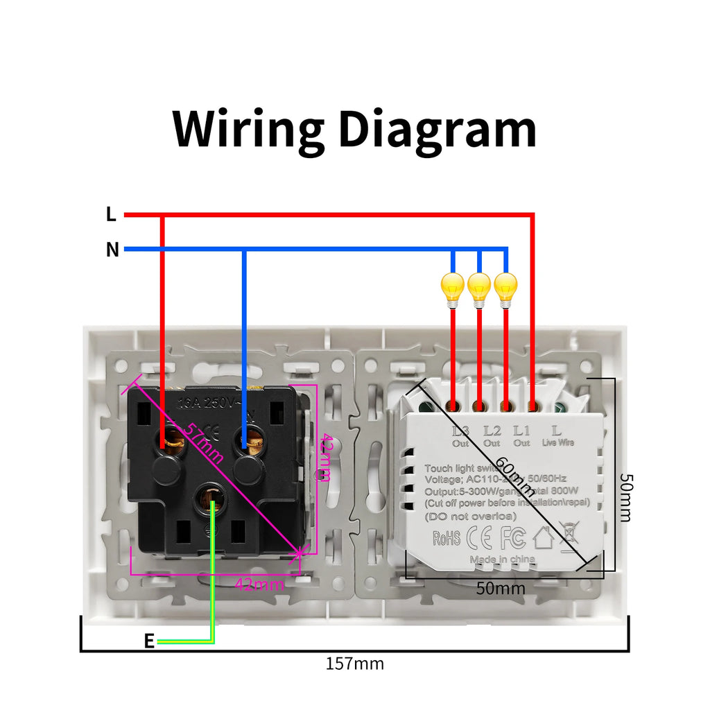 Touch Light Switch With EU Socket 1 Gang 2 Way Wall Light Switch LED Sensor Tempered Glass Interrupter EU Standard 240V