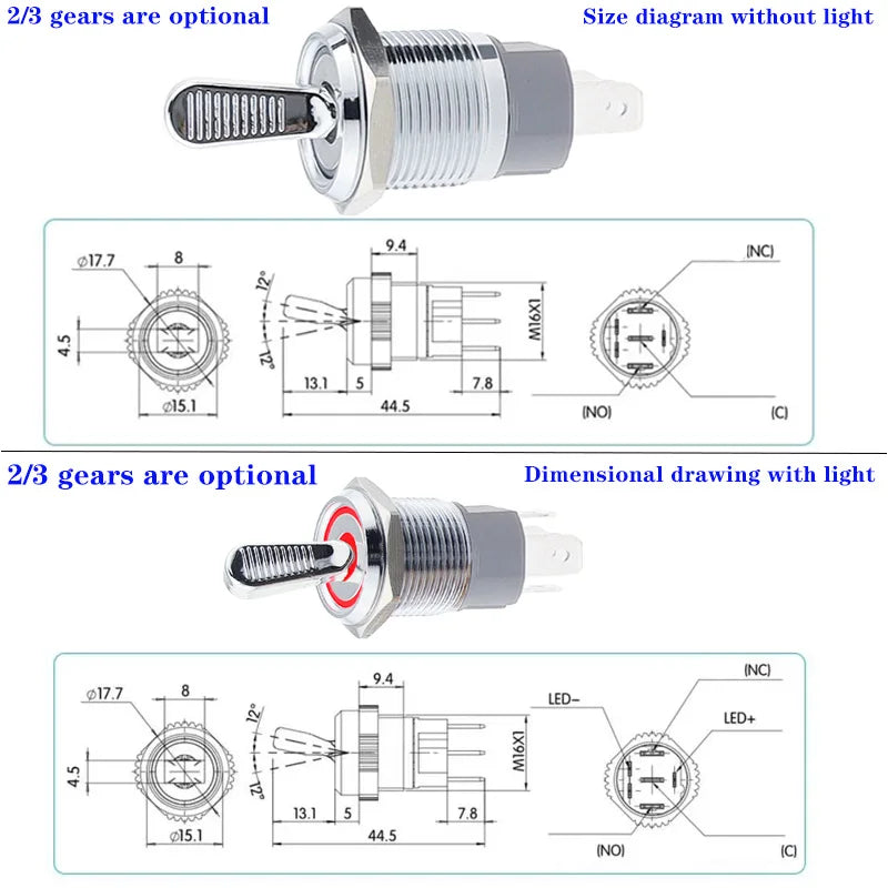 16MM Metal Toggle Switch Waterproof LED Light Self-locking 2/3 Position On Off Micro Button Switch 1NO1NC 15A 12V 220V 3pin/5pin