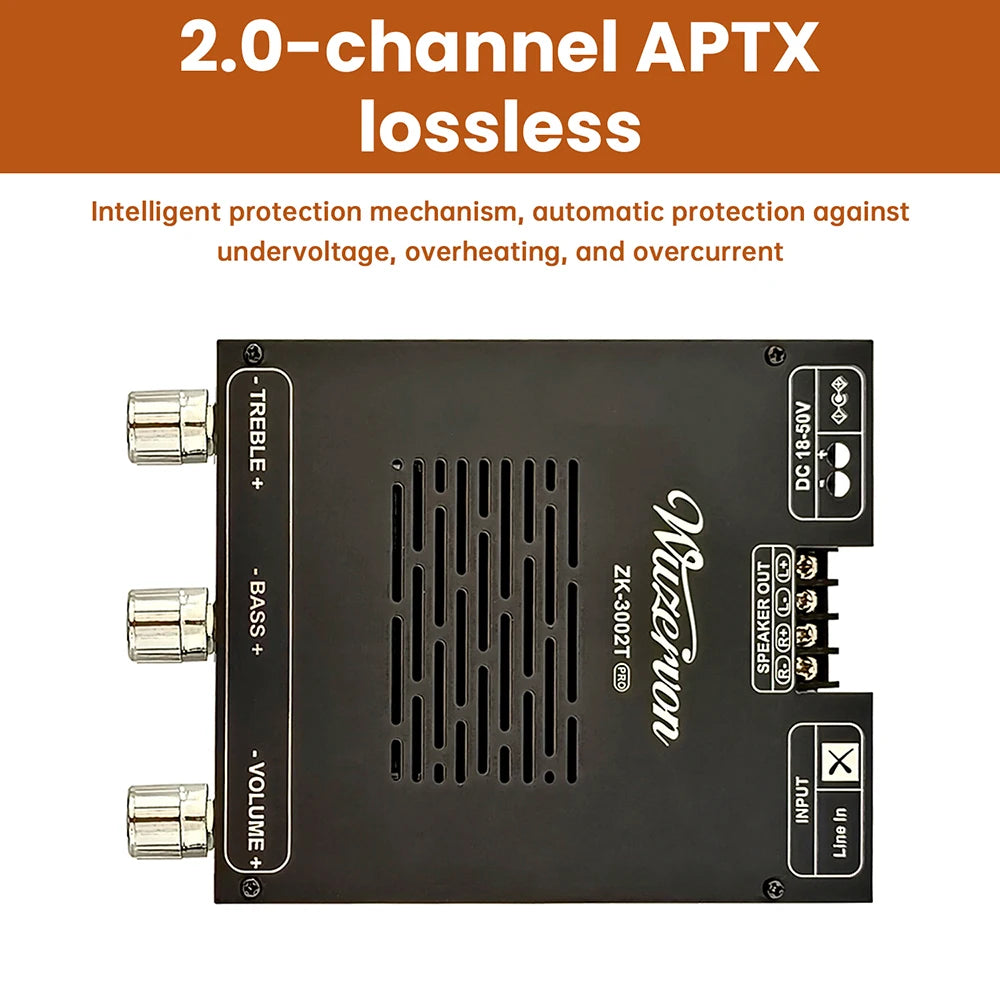 DC 18-50V 3002T PRO Bluetooth Amplifier Board Qualcomm QCC3034 2.0 Channel APTX Lossless 300W+300W TPA3255