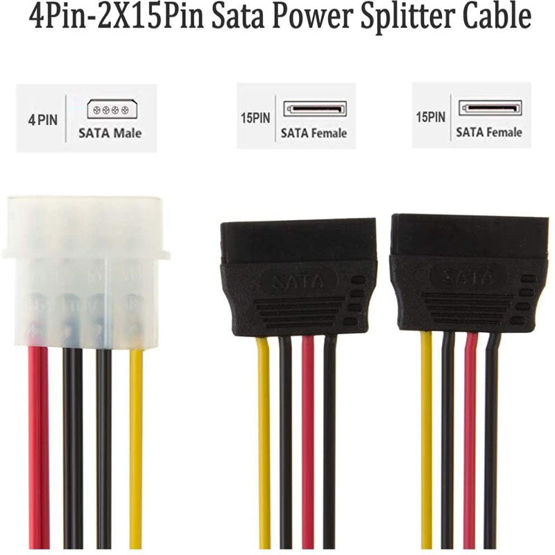 5pcs 4 Pin Molex To 2×15 Pin SATA Power Y-Cable Adapter For IDE 8 Inches