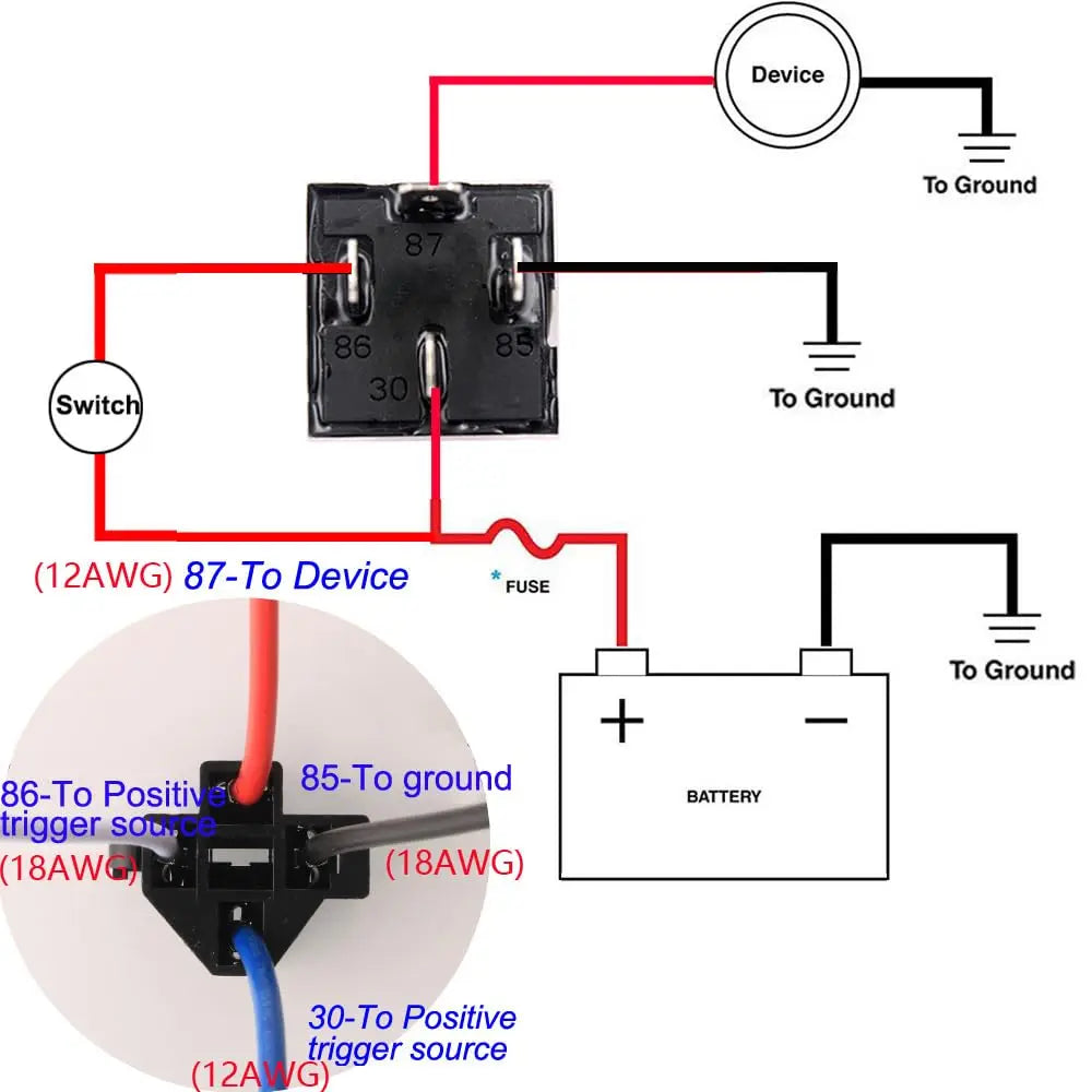 Automotive Relay Harness Kit 4-Pin SPST 40A 12V Sockets Switch Relays with 12&16 AWG Tinned Heavy-Duty Wires, 40 AMP for Car Tru