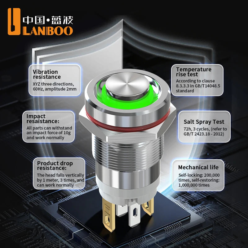LANBOO 12E 7A High Current 4 Pin Switch Waterproof IP65 Latching or Momentary Micro Metal Push Button Switch with LED 24V220V