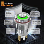 LANBOO 12E 7A High Current 4 Pin Switch Waterproof IP65 Latching or Momentary Micro Metal Push Button Switch with LED 24V220V